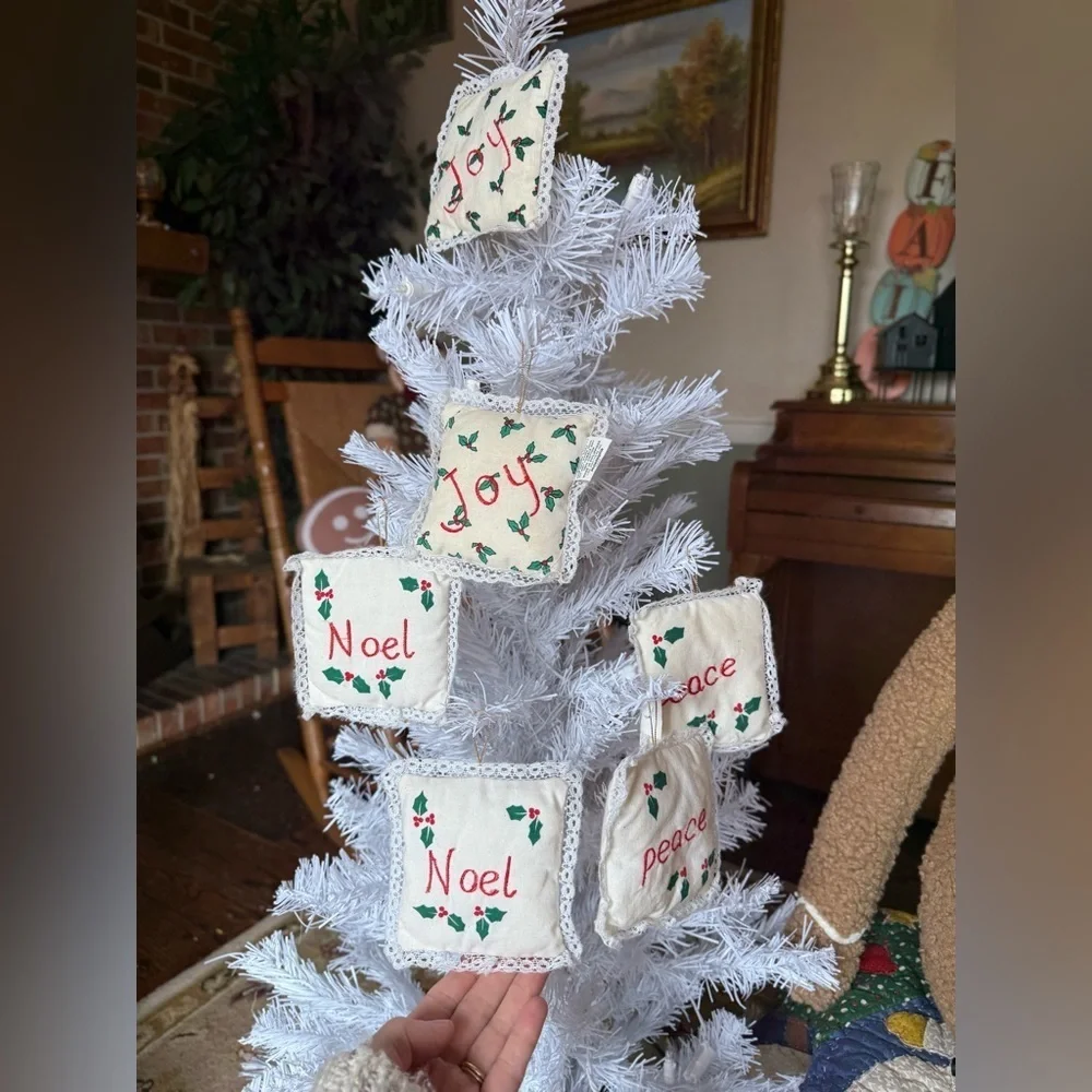 Vintage 1980’s Peace, Joy, Noel White Pillow Ornaments Set of 6